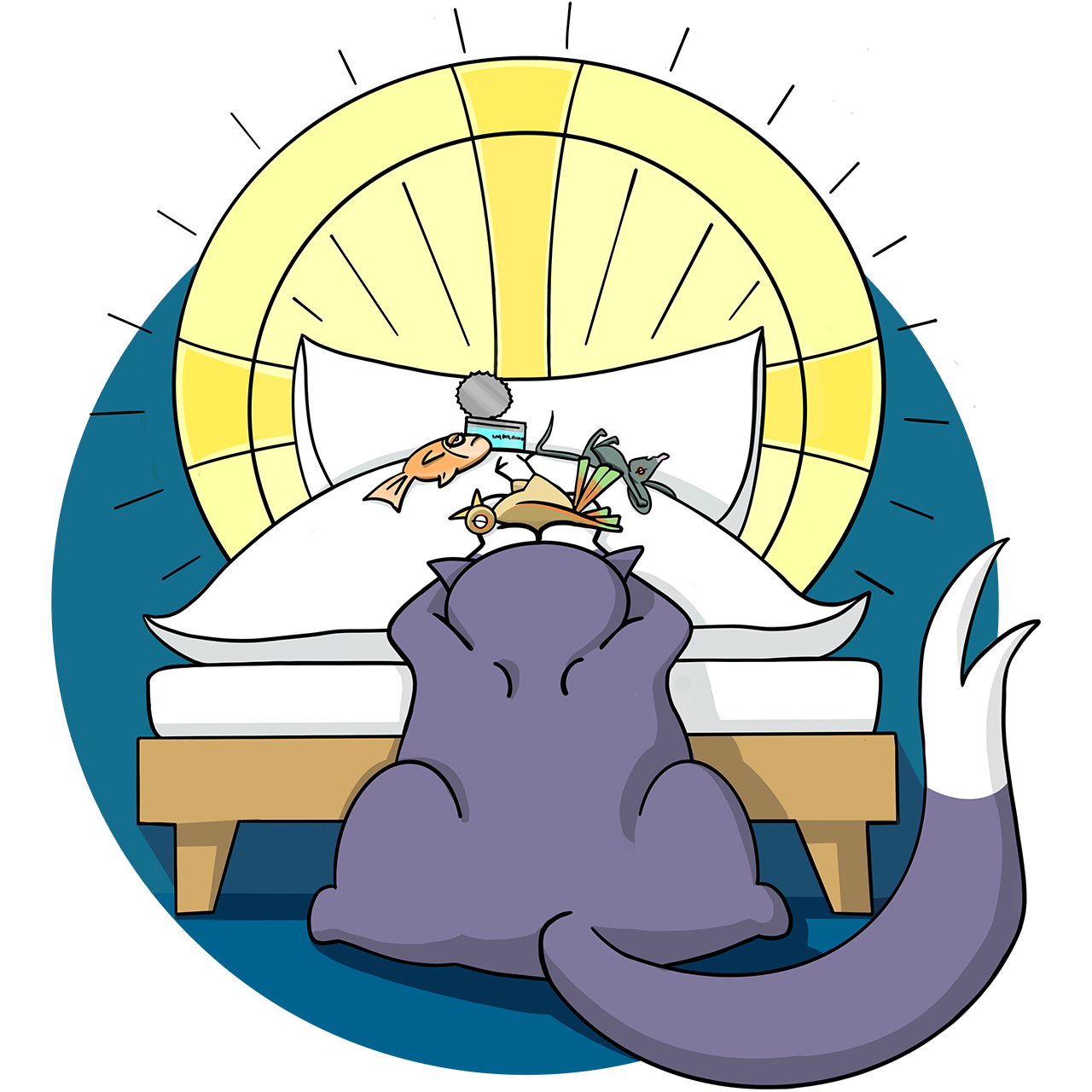 Eine Katze vor einem Bett mit Heiligenschein.